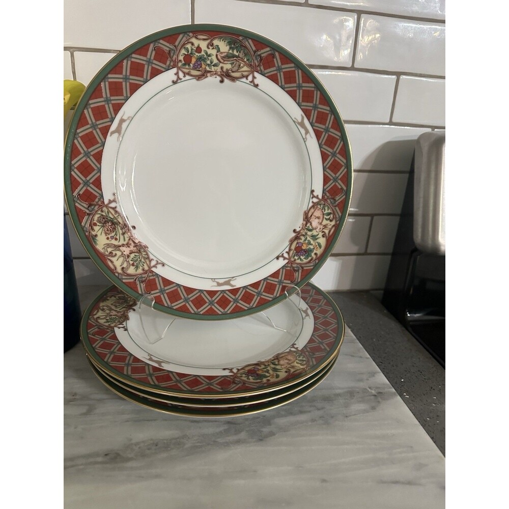 VINTAGE Set of 4 Noritake Royal Hunt 3930 Dinner Plate Plaid 10.5” HTF MINT